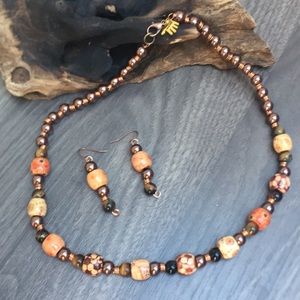 New Hand Crafted Artisan Tiger Eye and Wood Bead Necklace and Earrings Set